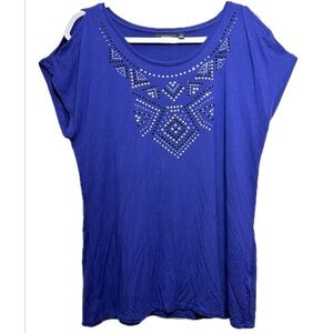 APT 9 Blue Cold Shoulder relaxed Top tee Geometric Embellishment - Size Medium